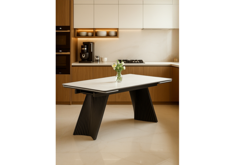 Керамический стол Вейв 160(220)х89х75 белый мрамор snow white / черный (89x75)
